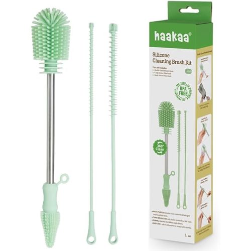 Haakaa Silicone Cleaning Brush Kit – Household Cleaning Brushes for Bottles and Crevices – Food-Grade Silicone: Dishwasher Safe (Kit-Lime)