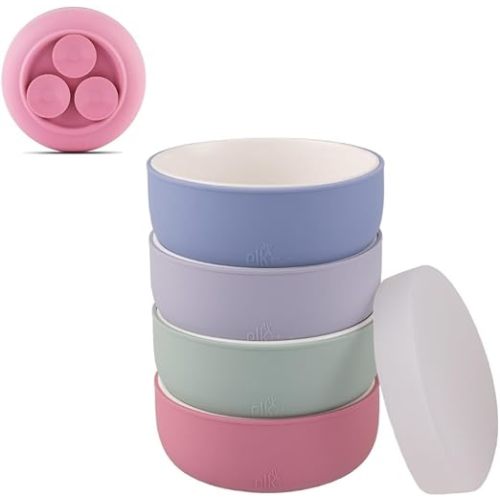 Elk and Friends Kids Porcelain Bowls with Silicone Suction Sleeve + Silicone Lid | Kids/Toddler/Baby Feeding | Microwave & Dishwasher Safe | Non slip | Cereal/Soup/Snack Dishes & Dinnerware