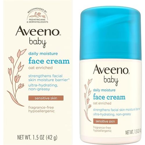 Aveeno Baby Daily Moisture Face Cream, Oat Enriched Moisturizing Cream for Babies’ Sensitive Facial Skin, Strengthens Skin’s Moisture Barrier, Ultra-Hydrating, Non-Greasy, Fragrance-Free, 1.5 oz