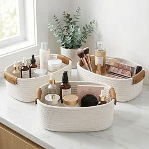 Beautiful Storage Basket Set of 3 - Sturdy Cotton Rope Baskets for Shelves Are Perfect for Organizing Your Home - Quality Storage Bins Easily Fit With Any Nursery or Bedroom Decor