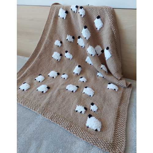 Hand-knitted wool baby blanket with sheep Favourite children quilt with sheep Hand-made Wool Throw Gift for children