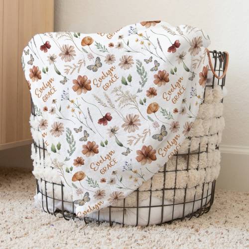 Custom Wildflower Swaddle, Boho Flower Baby Name Blanket, Personalized Girl Butterfly Swaddle, New Mom Gift, Newborn Gift, Baby Shower Gift