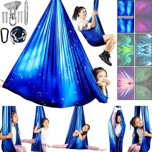Sensory Swing for Kids & Adults Holds up to 300lbs Indoor & Outdoor Double Layer Therapy Cuddle Swing with 360° Swivel Hanger Kit for Calming, Effect for Autism, ADHD or SPD. (Star Blue)