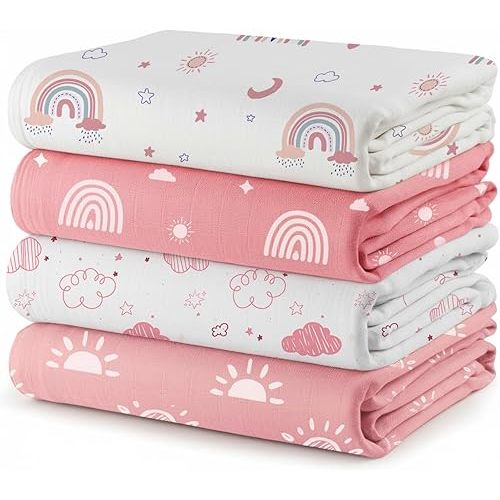 Paquete de 4 mantas de muselina para bebé, 70% bambú, 30% algodón, color rosa, transpirables, suaves y grandes, 47 x 47 pulgadas, regalo esencial para recién nacido, regalo para baby shower (rosa)
