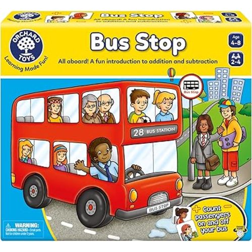 Orchard Toys Moose Games Bus Stop Game. A Fun Introduction to Addition and Subtraction. Pick up and Drop Off Passengers on Your Bus. for Ages 4-8 and for 2-4 Players