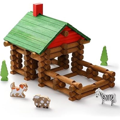 SainSmart Jr. 110 PCS Wooden Log Cabin Set Building House Toy for Toddlers, Classic STEM Construction Kit with Colorful Wood Logs Blocks for 3+ Years Old