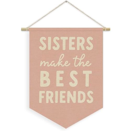 Girls Room Decor, Sisters Make the Best Friends Linen Canvas Banner, Pink Preppy Girly Wall Hanging Pennant Flag Banner for Girls Nursery Kids Toddler Room Bedroom Dorm Decor, 15x11in