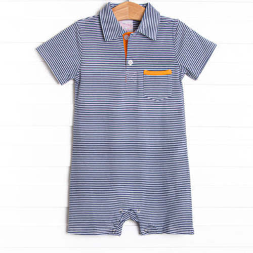 Wesley Short Romper, Orange and Navy Stripe – Stitchy Fish