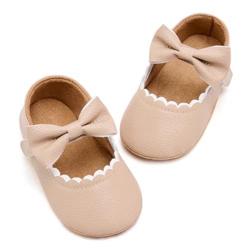 VIFUUR Baby Girls Mary Jane Flats, Bowknot Soft Sole Pre Walker Shoes | Non-slip, thin rubber outsole, adjustable hook and loop, infant toddler, first walker dress shoes