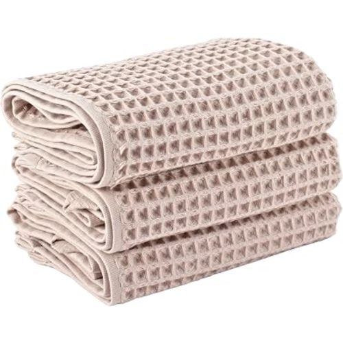 PÜSKÜL Natural 100% Turkish Cotton Waffle Hand and Kitchen Towels Set of 3