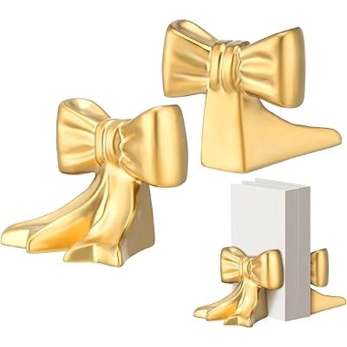 Leinuosen 2 Pcs Gold Bow Bookends Ceramic Cute Book Ends Decorative Book Stand Bow Sculpture Statues Tabletop Shelf Ornament Room Decor for Home Office School Dorm Girl Desk