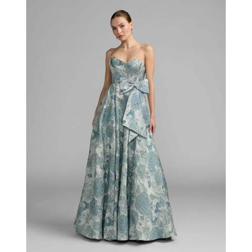Blue Strapless Floral Brocade Ball Gown With Bow Detail