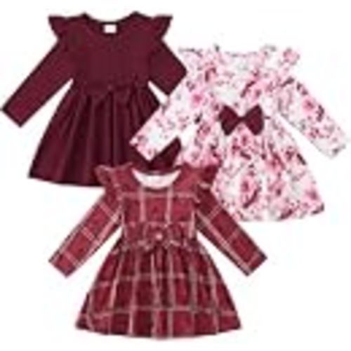 3-Pack Toddler Baby Girl Bow Long Sleeve Dress Cute Outfit Clothes | Flutter‑Sleeve Pleated A‑Line Dress, Solid Color, Floral & Plaid Print Fall & Winter Casual Daily Outfit Set