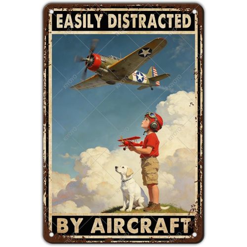 Vintage Airplane Metal Tin Sign Airplane Sign Aviation Decor Wall Art Easily Distracted by Aircraft Retro Plane Poster for Home Bar Garage Man Cave 12x8 Inch