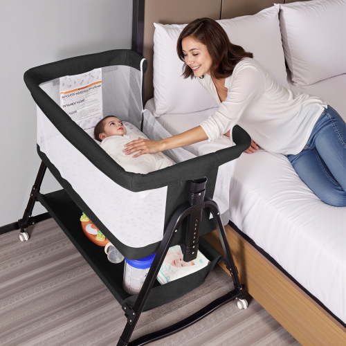 SACVON Baby Bassinet Bedside Sleeper for Newborn, 6 Height Adjustable Crib with Storage Basket, Lockable Wheels, Breathable Mesh & Mattress, Portable Baby Bed-Black