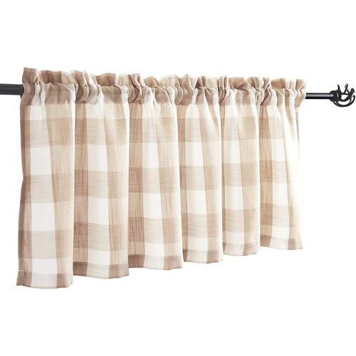 Taupe White Buffalo Check Valance Curtain Farmhouse Kitchen Window 52x15" 1
