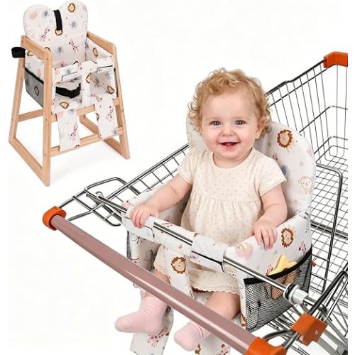 Baby Shopping Cart Seat Cover – Padded Shopping Cart Seat for Baby, High Chair Cover for Restaurant, Unisex Machine Washable Infant Toddler Cart Cover with Storage Pockets – Pink Animals