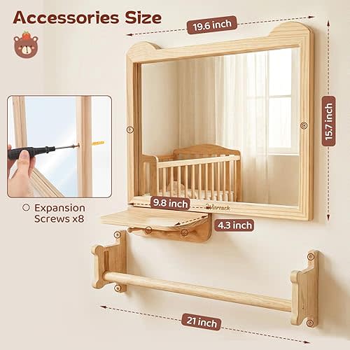 Wisreach Montessori Baby Mirror with Adjustable Pull-Up Bar & Shelf, Shatterproof Acrylic, Wall-Mounted for Tummy Time, Infant Standing Training, Toddler Bedroom & Nursery Use