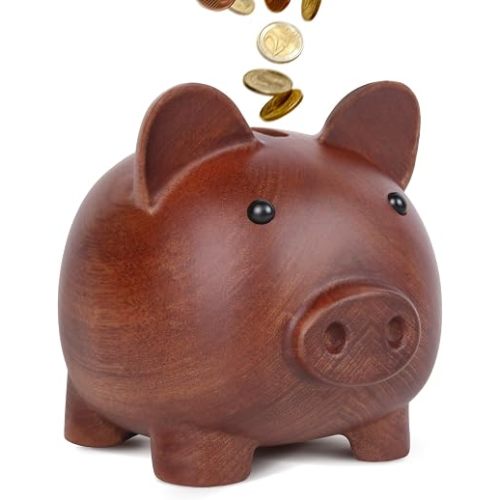 Piggy Bank for Kids & Adults, Cute Wooden Pig Money Bank Brown