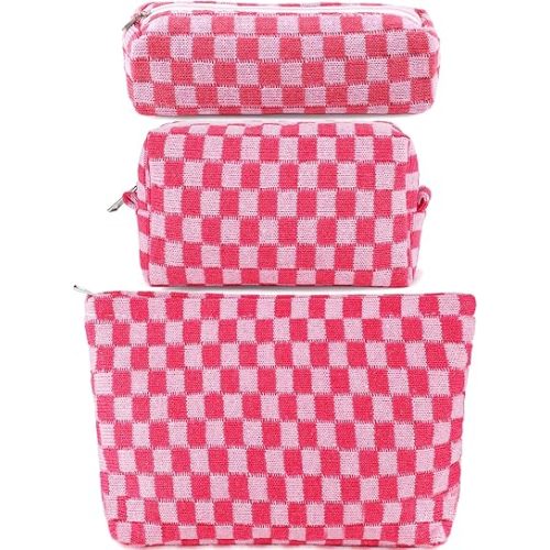 ZLFSRQ 3Pcs Makeup Bag Checkered Cosmetic Bag Set Travel Toiletry Bags for Purse Large Small Makeup Pouch for Women Cute Preppy Pencil Pouch Case Pink Zipper Skincare Bags