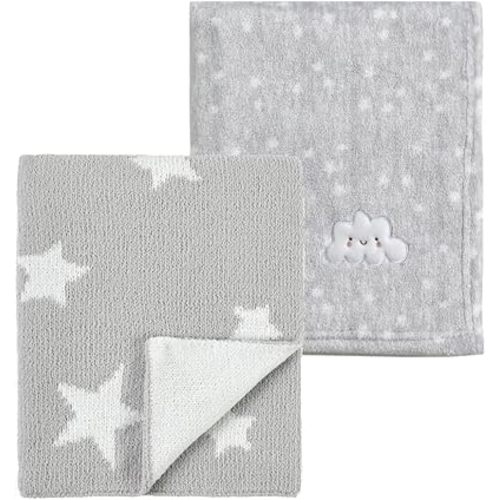 CREVENT 2Pcs 30''X40'' Cute Cozy Fluffy Warm Baby Blankets for Infants Toddlers' Bedding Crib Cot Stroller - Grey Cloud + Knit Grey