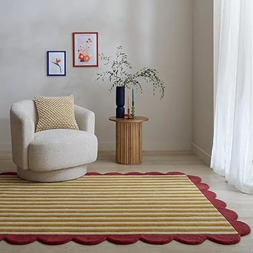 Milo Scallop Area Rug – 5’ x 7' – Handmade Wool Area Rugs – Yellow – Rugs for Living Room, Bedroom – Anti-Skid – Carpets with Non-Slip Natural Backing with 100% Cotton