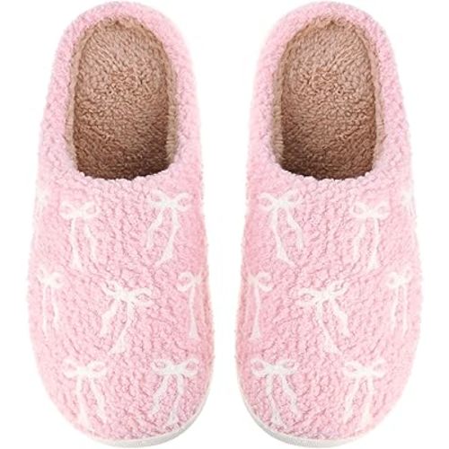 Pink Bow Slippers for Women Cute Coquette Bow Slippers Plush Fluffy Warm Fur Lined House Winter Home Shoes Women Indoor Outdoor