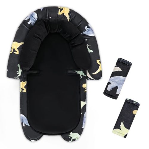 Infant Car Seat Insert & Strap Cover for Baby Boys, 2 in 1 Carseat Head Support Newborn, Ultra Soft Car Seat Cushion for Babies, Plush Fabric, Fit for Swing, Car Seat, Stroller, Bouncer, Black