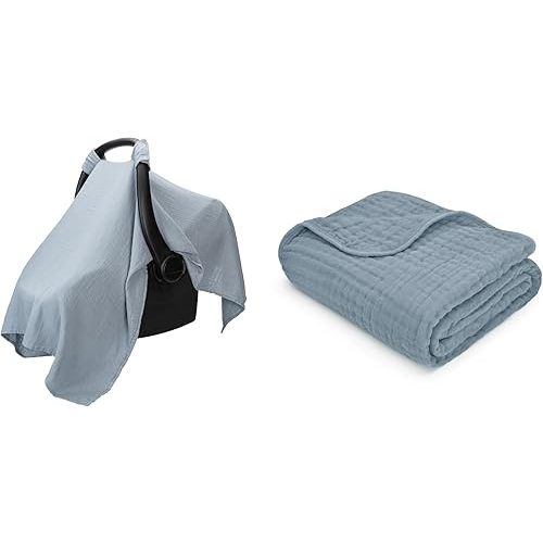 Baby Car Seat Cover and Muslin Baby Blanket Bundled by Comfy Cubs