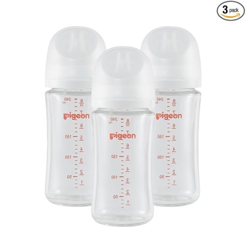 Pigeon Glass Nursing Bottle Wide Neck, Nurture & Nest, Anti-Colic, Streamlined Body, Natural Feel, Easy to Clean, Heat-Resistant, 8.1 Oz (Pack of 3), Includes 3pcs Stage 3 Nipples (3m+)