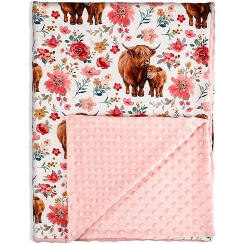 Highland Cow Wild Flower Baby Blanket for Boys and Girls, 30"x40" Boho Floral Farmhouse Highland Cow Toddler Soft Blanket with Double Layer Dotted Backing for Nursery, Crib, Newborn (Light Pink)