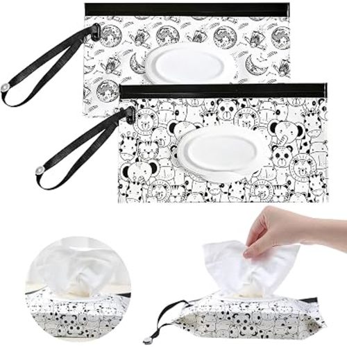 2Pack Baby Wipes Dispenser Portable Baby Wipe Holder Refillable Wet Wipes Container Reusable Travel Wipes Case, Keeps Wipes Fresh (Black)