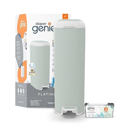Diaper Genie Platinum Pail (Lily White) is Made in Durable Stainless Steel and Includes 1 Easy Roll Refill with 18 Bags That can Last up to 5 Months.