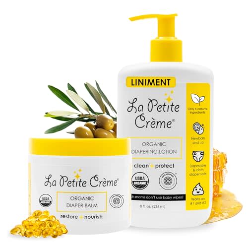 La Petite Creme French Premium Diapering Lotion (8 oz) and Organic Diaper Balm (4 oz) - Healing and Nourishing Diaper Cream, Gentle & Safe Liniment Baby Lotion - USDA & EWG Certified - Baby Essentials