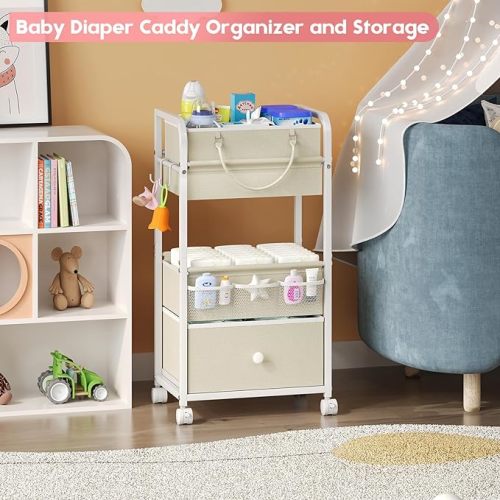 2In1 Baby Diaper Caddy Organizer and Storage, 3 Tier Rolling Cart with Drawer, Mobile Utility Cart Baby Dresser Clothes Organizer for Crib, Art & Craft Storage, White, 17"W x 11.42"D x 33.5"H