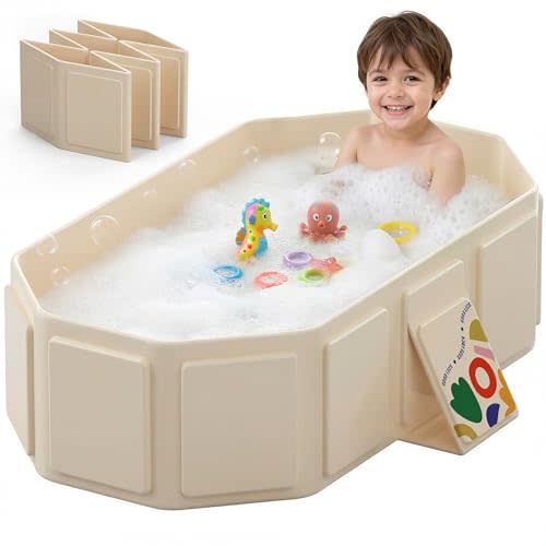 Wanchouse Collapsible Baby Bathtub for Newborn to Toddler, Foldable Toddler Bathtub with Drain Plug, Non-Slip Portable Infant Bath Tub for Travel, Storage & Outdoor Use, Beige