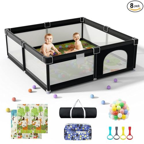 Extra Large 79" x 71" Baby Playpen with Mat, Baby Gate Play Yard, Portable Toddler Playpen, Large Play Pen for Babies, Mat Included, Play Area for Babies and Toddlers (Black)