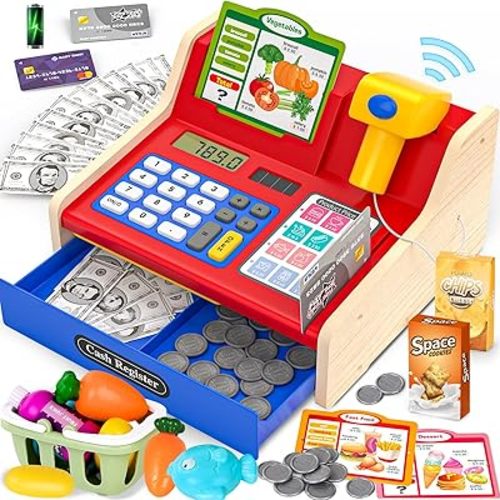 Rechargeable Wooden Cash Register for Kids, Pretend Play Calculator Cash Register Toys with Scanner, Play Money&Credit Card, Play Cash Register, Toddler Boys Girls Age 2-4 4-8