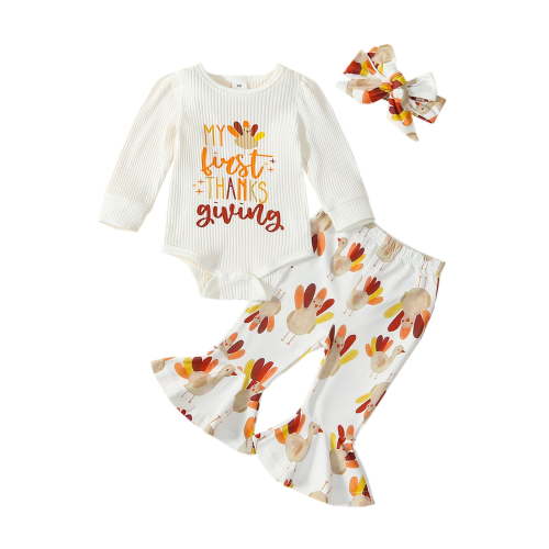 My First Thanksgiving Baby Girl Outfit 3M 6M 12M 18M Newborn Turkey Onesie Romper Bell Bottoms 1st Thanksgiving Clothes