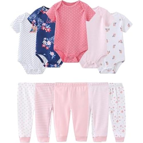 ZAVBABY Baby Bodysuit and Pant Set Cotton Ribbed Mix Infant Girl Clothes | Unisex newborn summer outfits 10-pcs,neutral and sweet style mixed bundle gift clothing set