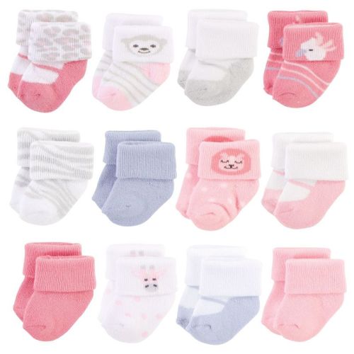 Hudson Baby Infant Girl Cotton Rich Newborn and Terry Socks, Girl Safari, 0-3 Months