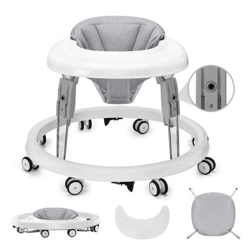 PRVAETU Foldable Baby Walker with Wheels,Height Adjustable,Large Dining Tray,Dust-Resistant Foot Pad,for 6-18 Months Infant,Grey