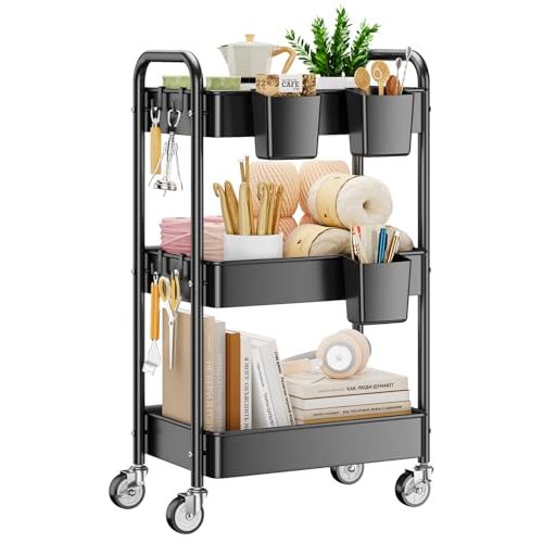 YASONIC 3 Tier Rolling Cart - Metal Utility Cart with Wheels, Hanging Cups, Hooks, Heavy Duty Mesh Rolling Storage Cart Organizer, Craft Cart for Kitchen Office, Lightweight and Sturdy