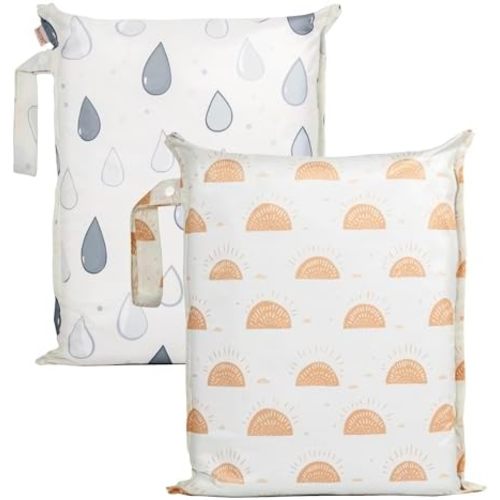 HECCEI Wet Dry Bag, 2-Pack Reusable Waterproof Wet Bags for Swimsuits & Baby Clothes, Leakproof Cloth Diaper Wet Bags for Travel & Diaper Changes (Sunny Drizzle)