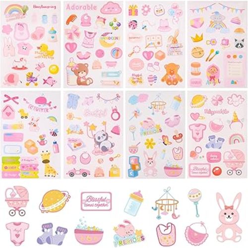 8 Sheets Baby Girl Scrapbook Stickers, Adorable Newborn Toddler Stickers Pregnancy Planner Decors Baby Shower Decal for Scrapbooking Planning Babies Book Paper Supplies