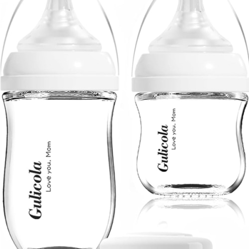 Gulicola Natural Glass Baby Bottle Newborn Set, 3 oz and 5 oz with Extra Slow Flow & Slow Flow Nipple, Anti Colic, 0-3 Months, 2 Pack - White