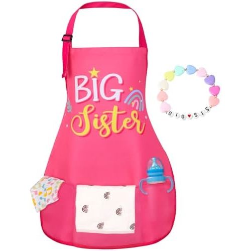 Big Sister Apron with Pockets, “Big Sister” Funny Apron Gifts for Girls, Adjustable Toddler Apron for girls