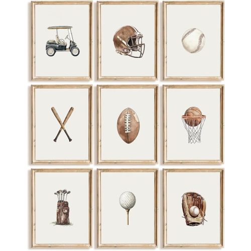 Vintage Sports Nursery Wall Art Decor Toddler Boys Room Canvas Pictures Sports Ball Wall Decor Football Baseball Prints Basketball Golf Artwork Kids Playroom Poster for Bedroom 12x16x9 Inch Unframed