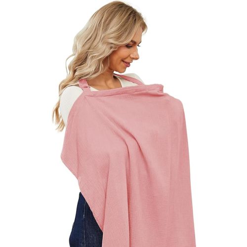 PPOGOO Muslin Nursing Cover for Baby Breastfeeding, Breathable Privacy Nursing Covers for Mom 100% Cotton Breastfeeding Cover with Rigid Hoop for Mother Nursing Apron (Rose Pink)