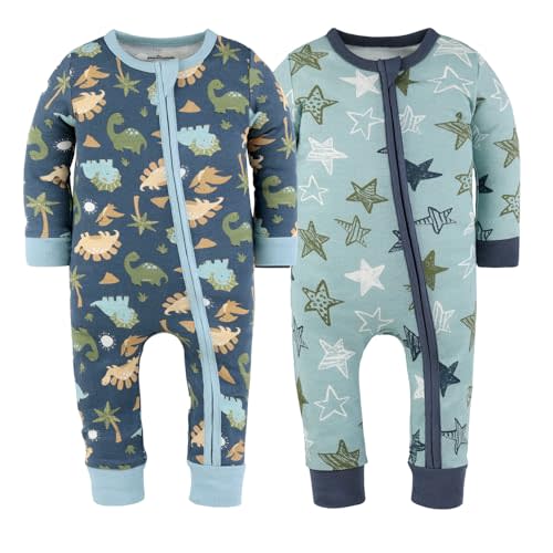 The Peanutshell 2-Pack Sleep and Play Baby Boy Clothes, Soft Cotton Footless Pajamas, Dino Star